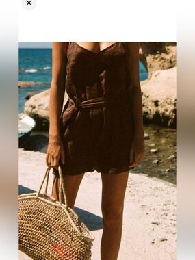 Vitamin A Gigi brown linen Romper with Tie Waist M